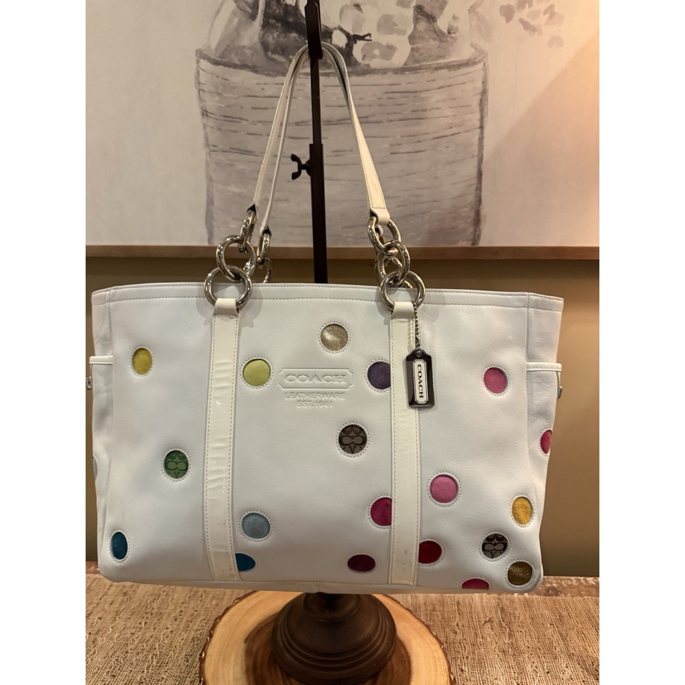 COACH WHITE MULTICOLOR POLKA DOT LG‎ GALLERY MULTI TOTE BAG PURSE 3678 RARE